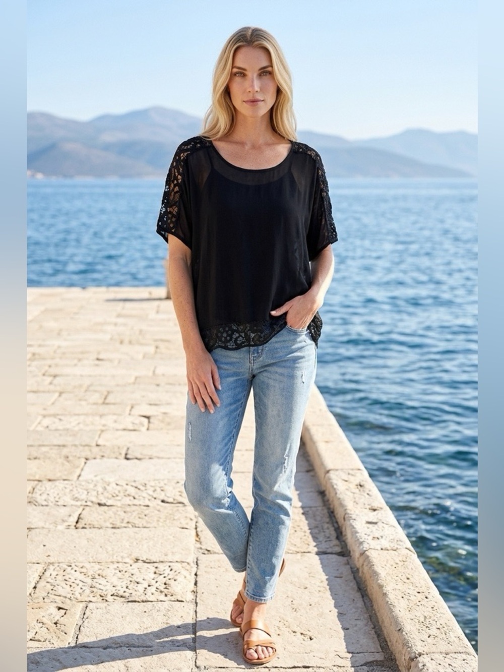 Ella Moss Black Lace Back Mixed Media Scoop Neck Top